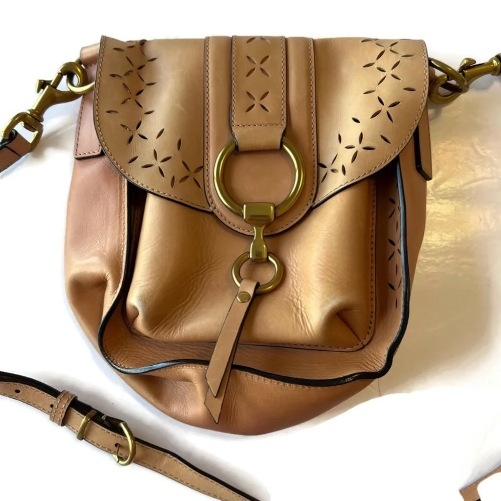 FRYE Ilana Perforated Harness Saddle Crossbody Small Leather Bag Purse Tan